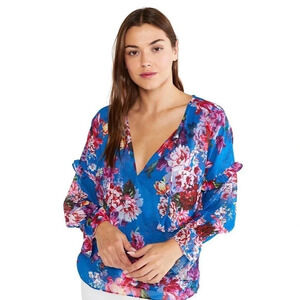 MISA Los Angeles V-Neck Floral Capriana  Organza Blouse in Blue & Pink